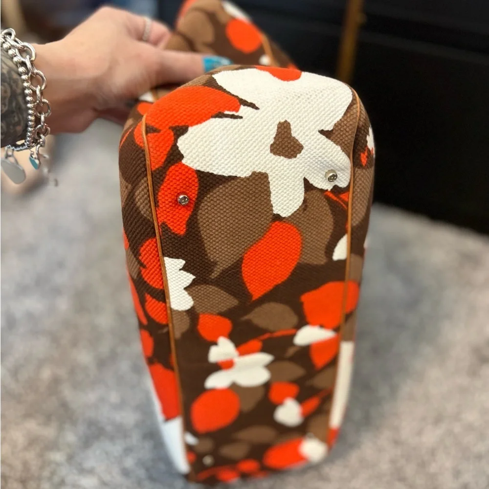 kate spade vintage Brown Orange Cream Floral Canvas Tote with Leather handles!